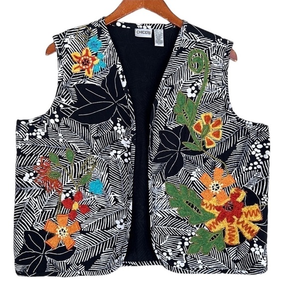 Chico's Jackets & Blazers - Chico’s Colorful Embroidered Flowers Black & White Tropical Print Open Vest